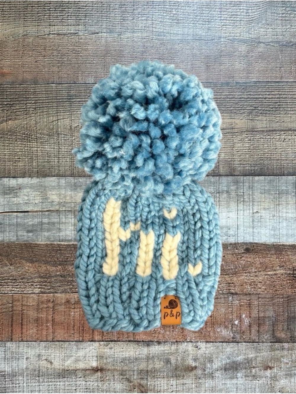 Baby Light Blue Pom Knit Beanie with Cream 'Hi' Detail